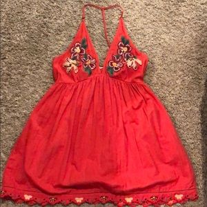 Free people red embroidered sundress with pockets